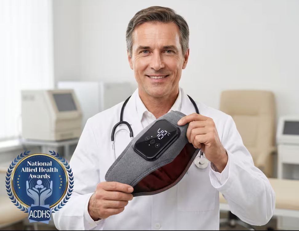 Health professional holding the Ankalax Massage heated knee wrap